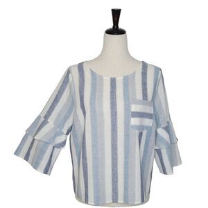 Urban Romantics Blue Striped Linen/Cotton Tiered Sleeve Keyhole Cropped Blouse M